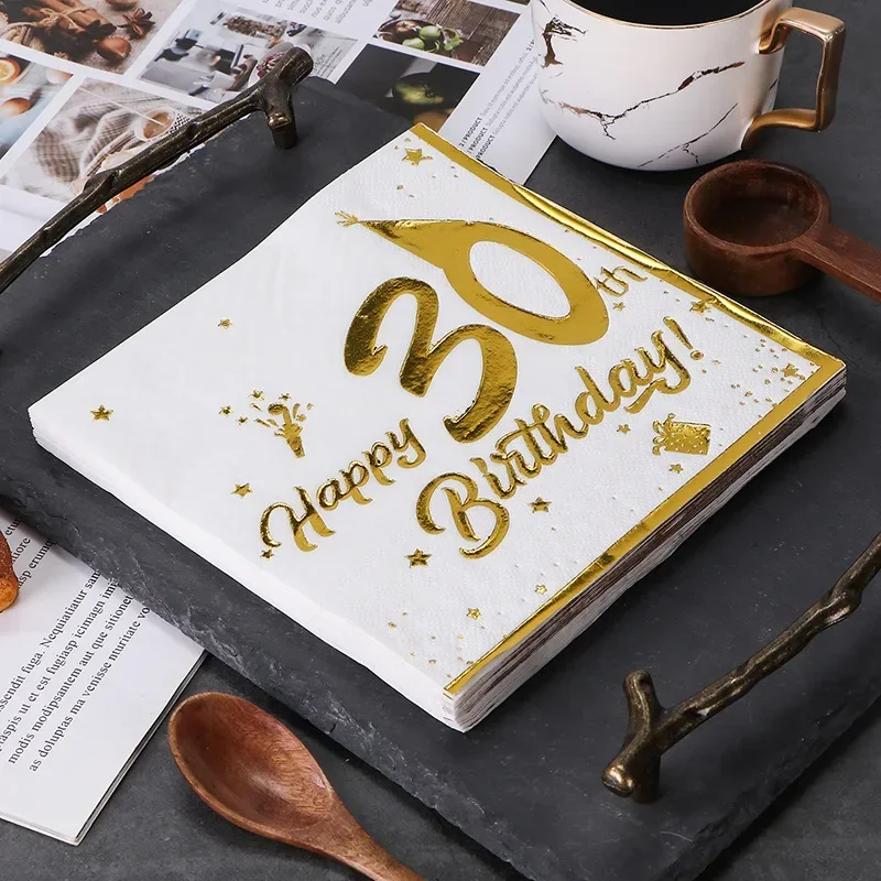 20Pcs Gilding Number 18th 20th 30th 40th 50th 60th Years Old Disposable Paper Napkin Tableware Tissue Happy Birthday Party Decor