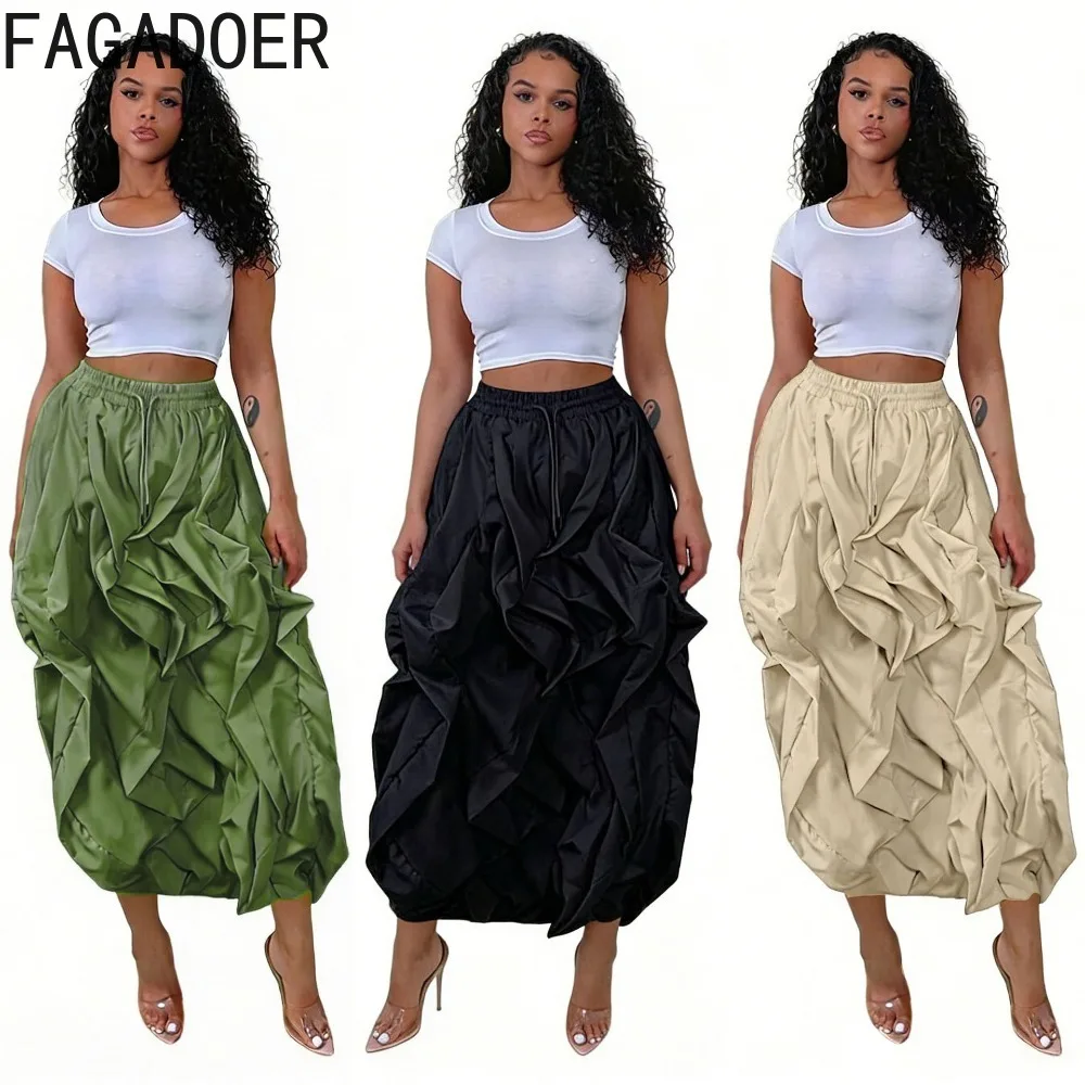 

FAGADOER Casual Ruched Loose Skirts Wowen High Waisted Drawstring Splicing Cargo Skirts Fashion Solid Color Bottoms Streetwear