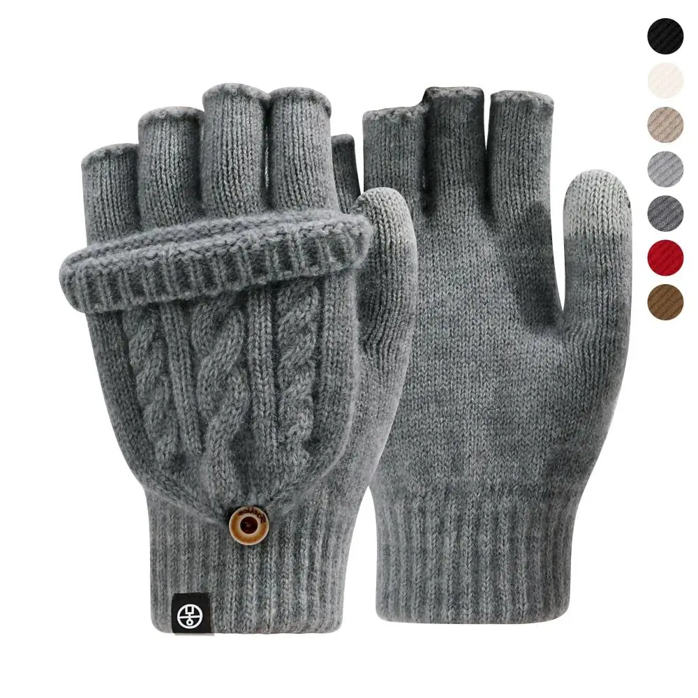 Wool Knitted Fingerless Flip Gloves Thickening Winter Warm Finger Mittens Exposed Finger Touchscreen Gloves For Men Women Unisex