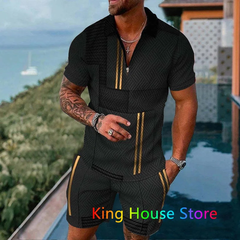 

Fashion Polo 2 Piece Outfit Tracksuit Men's Oversized Zipper Short Sleeve Polo Shirt Summer Beach Outfit Polo Set Sportwear Suit