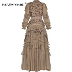 MARYYIMEI New Style Women's Ball Gown Dress Flare Sleeved Beading Slim Sequins Edible Tree Fungus Edge Loose Waist Dresses