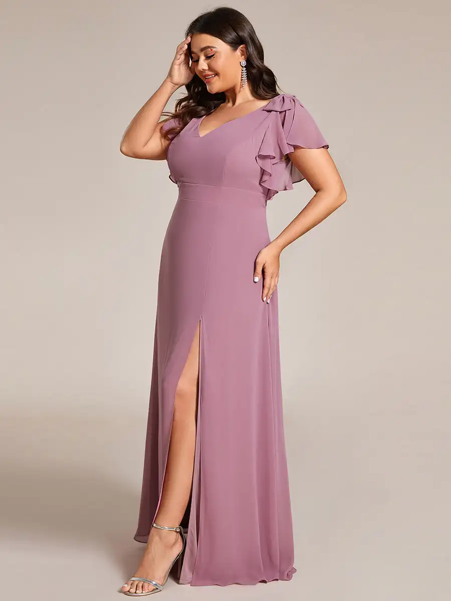 Plus Evening Dresses Short Sleeves with Bowknot High Front Slit 2024 Ever pretty of A-Line Orchid Chiffon Bridesmaid Dress