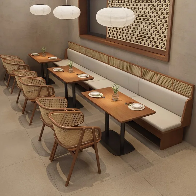 Chain restaurant Solid wood rattan table and chair combination Theme restaurant  Western restaurant Card seat sofa c