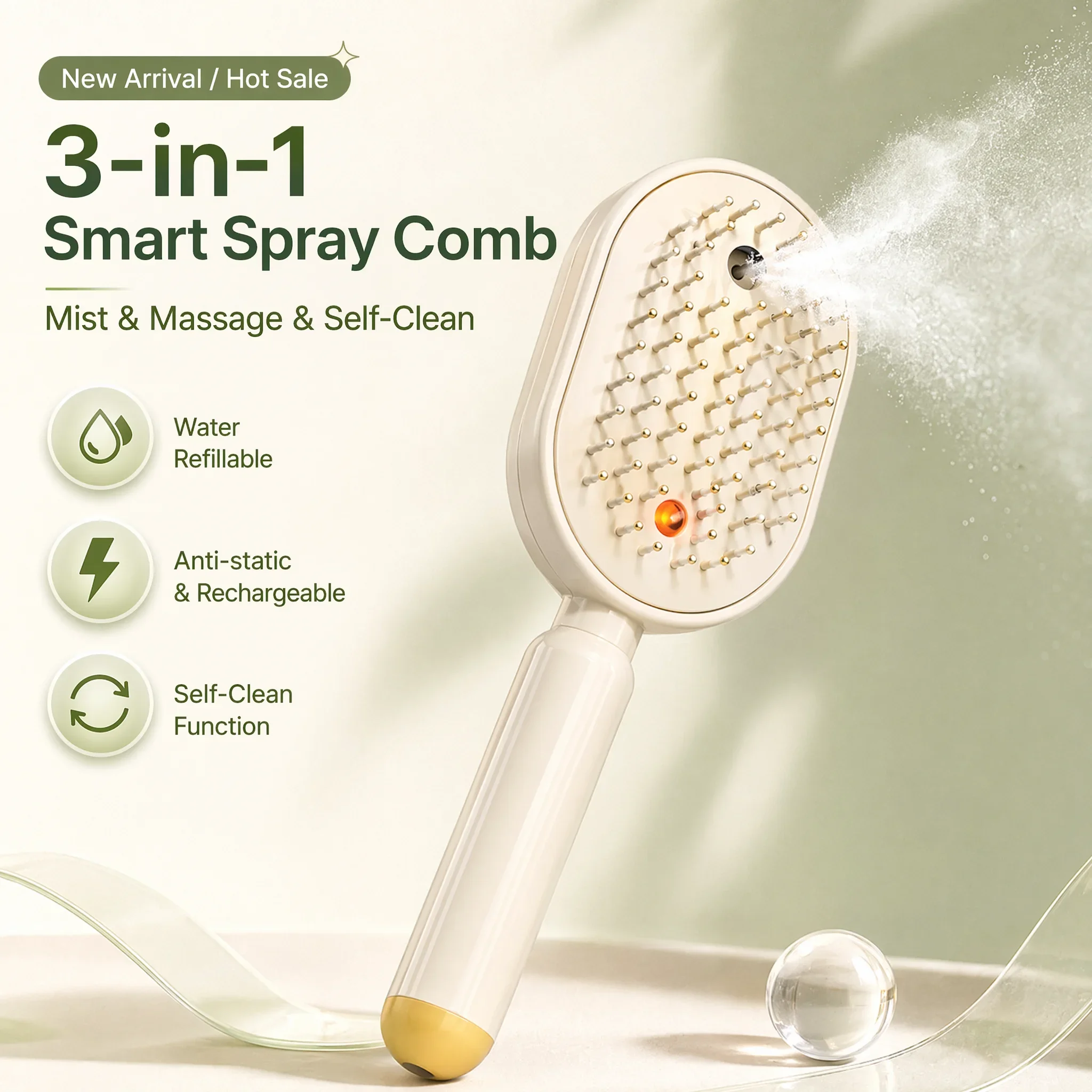 

Electric Hair Spray Comb with Nano-Mist, Rechargeable Water & Essence Sprayer Brush, Soft Bristle Detangler for Women, Anti-Stat