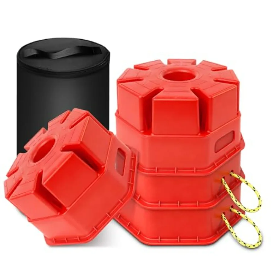 

6H Trailer Jack Block 4 Pack with Bag Rope Heavy Duty RV Stabilizer Blocks for Any Tongue Jack Post Foot 5th Wheels Round Squar