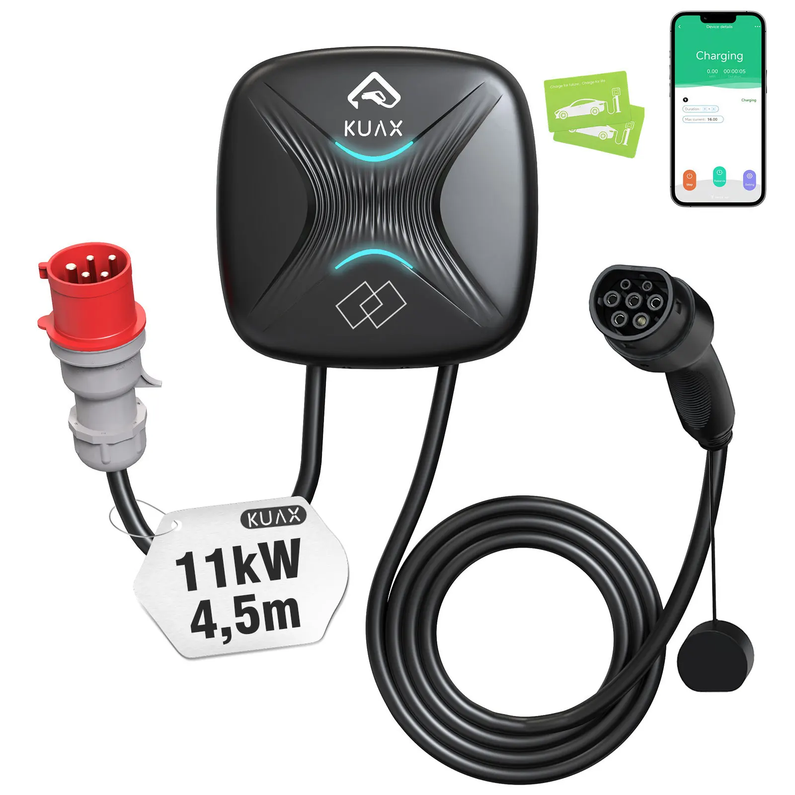 KUAX EV Charging Station 16A Electric Vehicle Car Charger EVSE Wallbox Wallmount Type2 Cable IEC62196 APP Control RFID Card