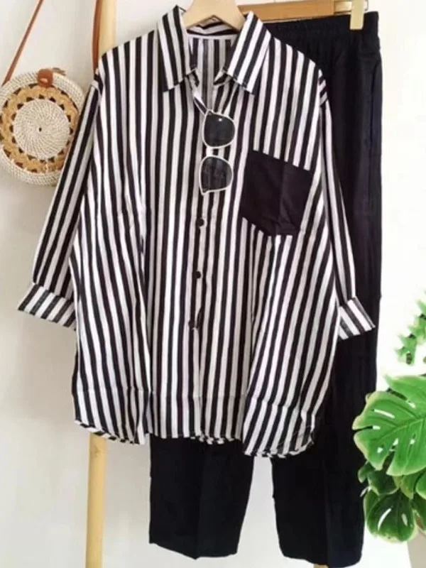 レディースサマービンテージストライプスーツブラウス（ポケット付き）新作おしゃれカジュアルシャツ服飾品