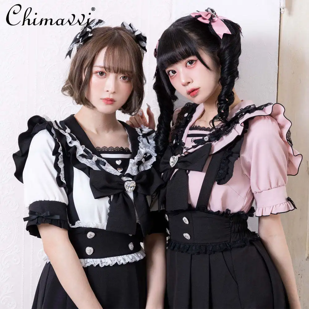 

Summer New Fashion Sweet Short-Sleeved Lolita Shirts Lace Stitching Cute Women's Top Japanese Student Wear Sailor Collar Shirt