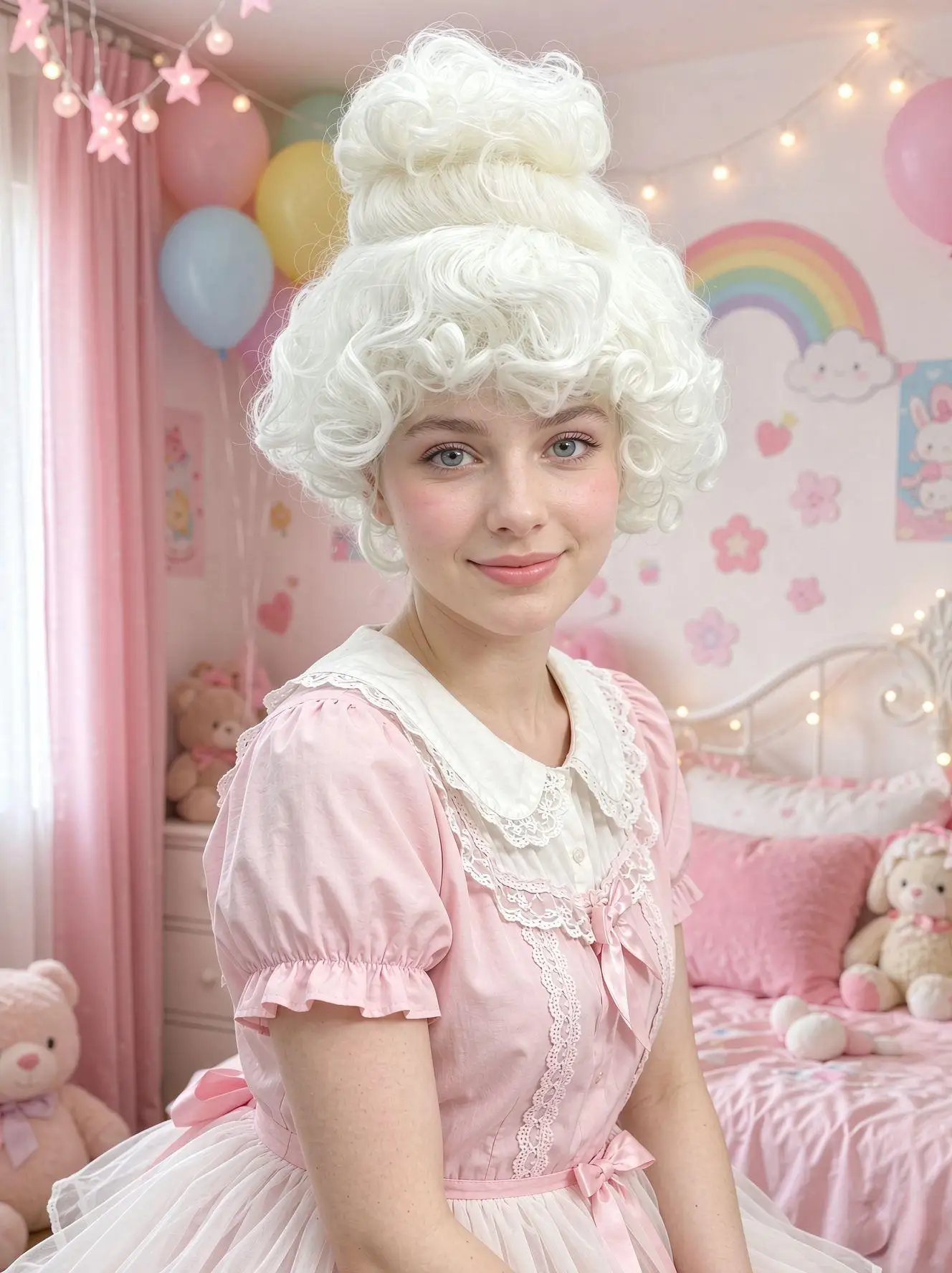 Pure White Premium Synthetic Fiber Rococo Baroque Wig Tight Curls Ringlets Fluffy Voluminous Updo with Top Bun Heat Resistant Adjustable Cap for Women Cosplay Party Halloween Costume Role Play Stage Show Photo Shoot