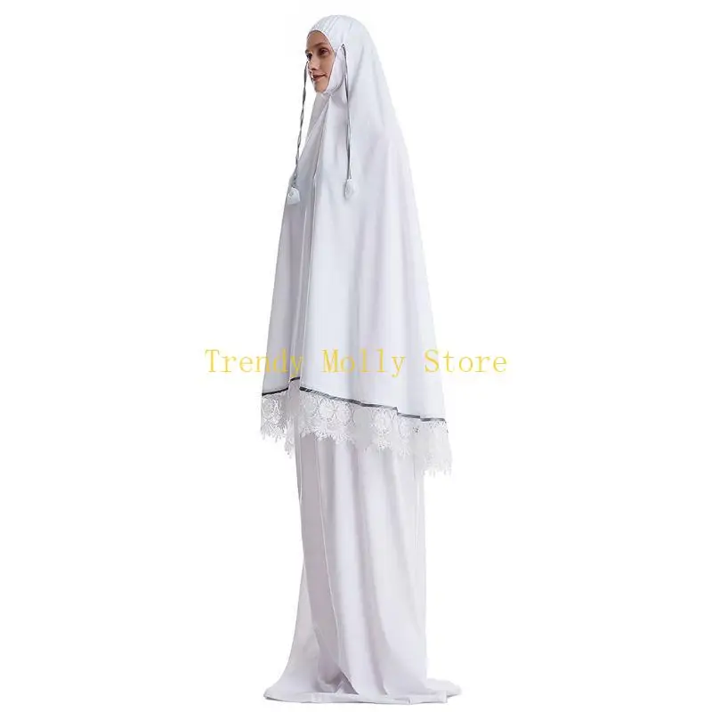 N5KB-bata musulmana tradicional para mujer, conjunto oración islámica doble capa, cubierta completa con lazo en Abaya,