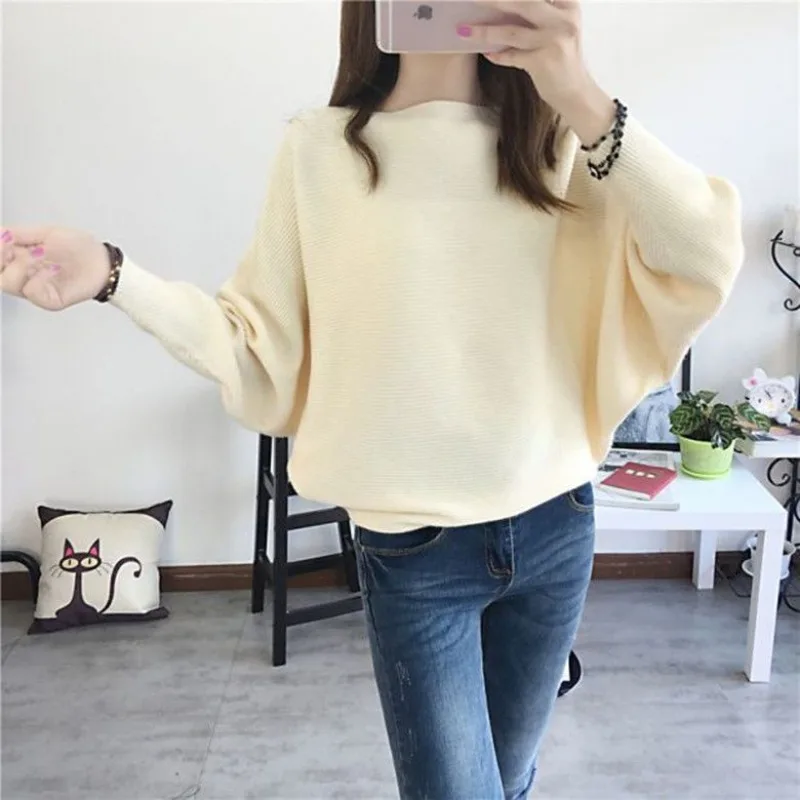 Solid color sweater with core spun yarn pullover one necked long sleeved bate shirt, Korean version knitted top