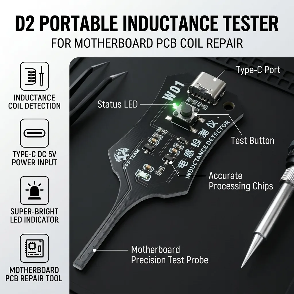 D2 Inductance Tester Type C Power LED Indicator 1Pc Portable Inductor Coil Detector Tool For Circuit PCB Motherboard Repair