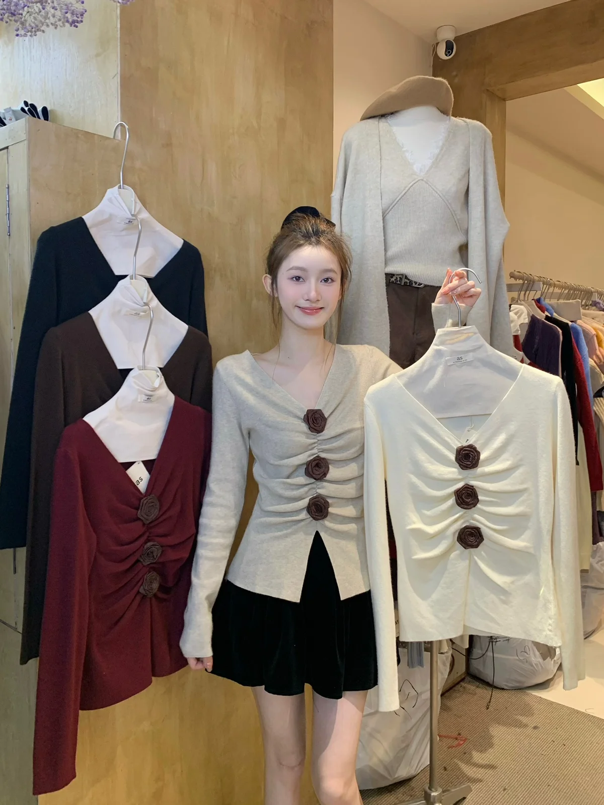 

Slim Fit Long Sve Knitted T-irt Women's Winter Thin Model Rose 3D Decoration V-Ne Casual Sle Sweat-ng Top