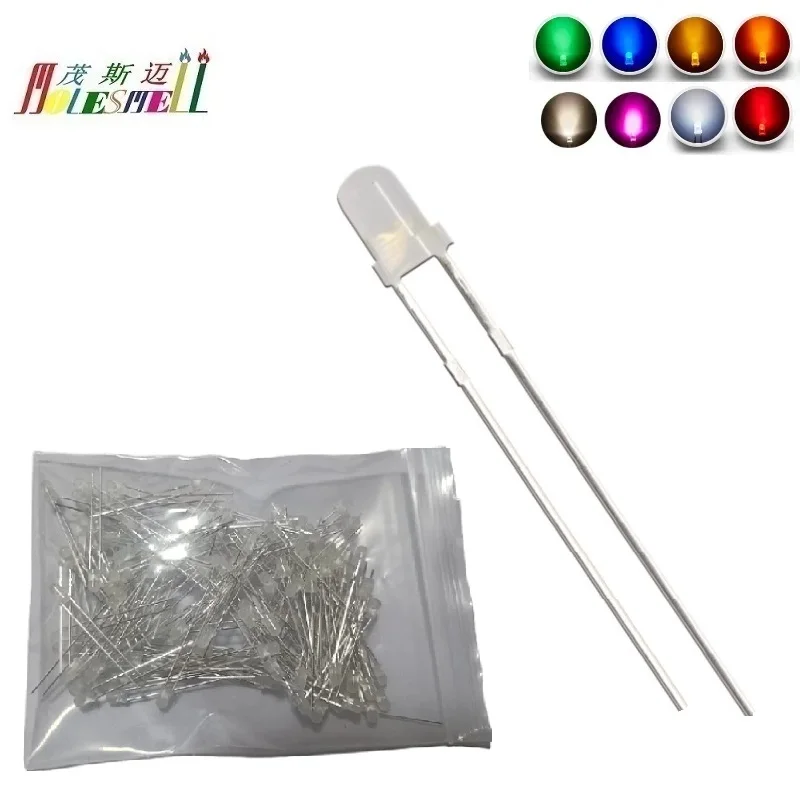 100pcs 3mm Led Diffused Milky White Lens Red Yellow Blue Green White Orange Purple Pink Warm white LED Lamp Light Diodes