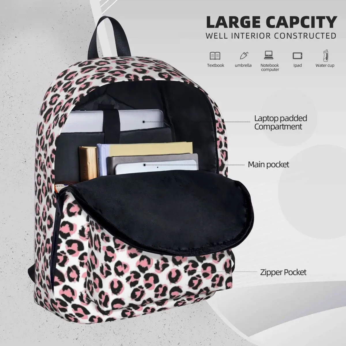 Pink Leopard Backpacks Large Capacity Book bag Shoulder Bag Laptop Rucksack Waterproof Travel Rucksack Children School Bag