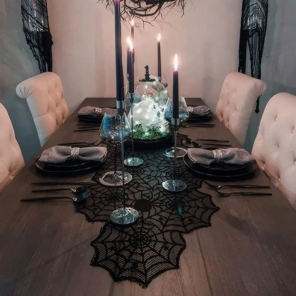 Translucent Spider Web Black Lace Table Runner with Spider Pendant Long Strip Gothic Lace Tablecloth Mesh
