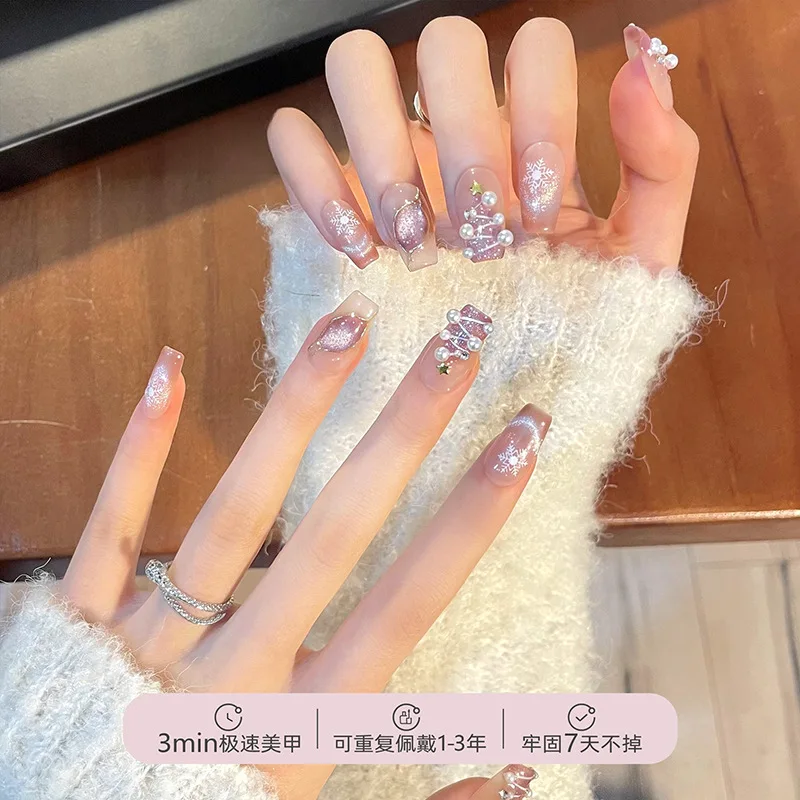 순수 수제 웨어러블 손톱, 흰색 인 스타일, 진주 눈송이, 따뜻한 겨울 인터넷 셀럽, 크리스마스, 신상