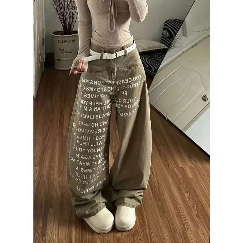 Retro American Washed Letter Pattern Denim Pants, Spring Autumn Loose Slim Wide Leg Floor Pants, Trendy Lazy Style Versatile
