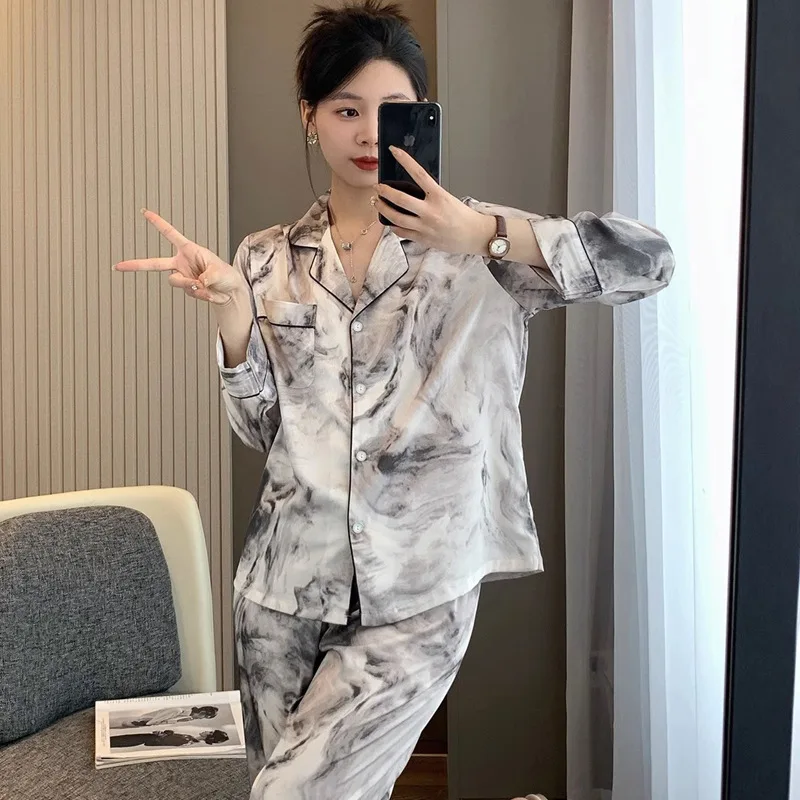 Women's Pajamas Set Ink Painting Flower Print Pyjama Literary Romantic Silk Satin Homewear 2024 New Autumn Winter Sleepwear