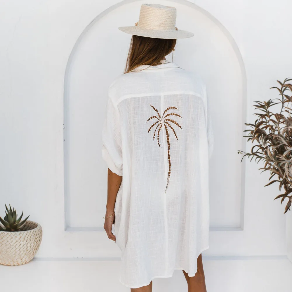 2026 New Fashion Button Wrinkle Shirt Women Summer Casual Loose Solid Color Lapel Long-sleeved Beach Cover-up For Women