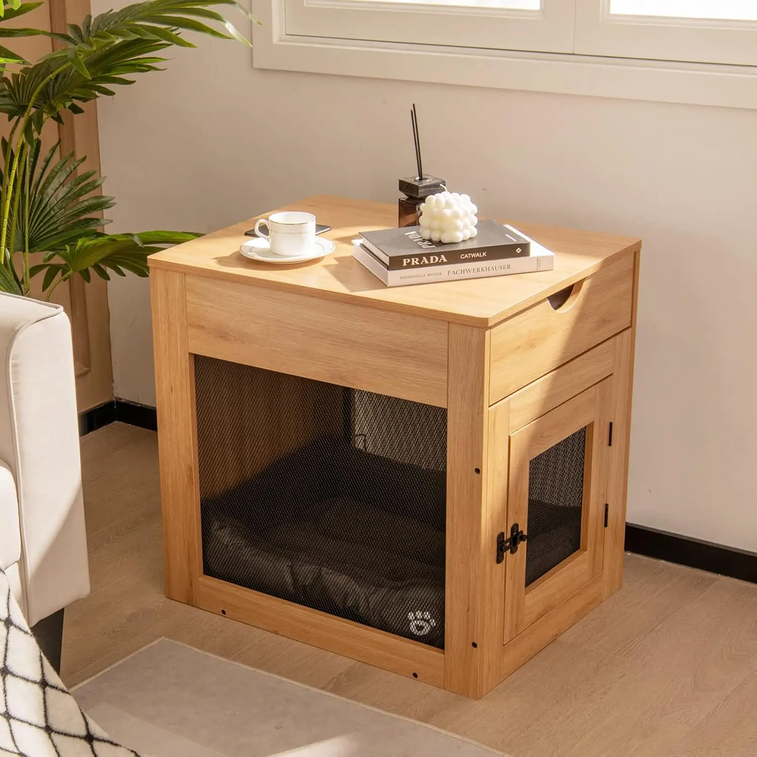 

Giantex Dog Crate Furniture, Wooden Dog Kennel End Table with Removable Cushion, Storage Drawer, Latched Door, dog kennel