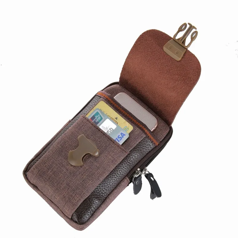 Black Men\'s Mobile Phone Bag Pu Leather Double Zipper Men\'s Waist Bag Coin Purse Outdoor Male Waist Bag