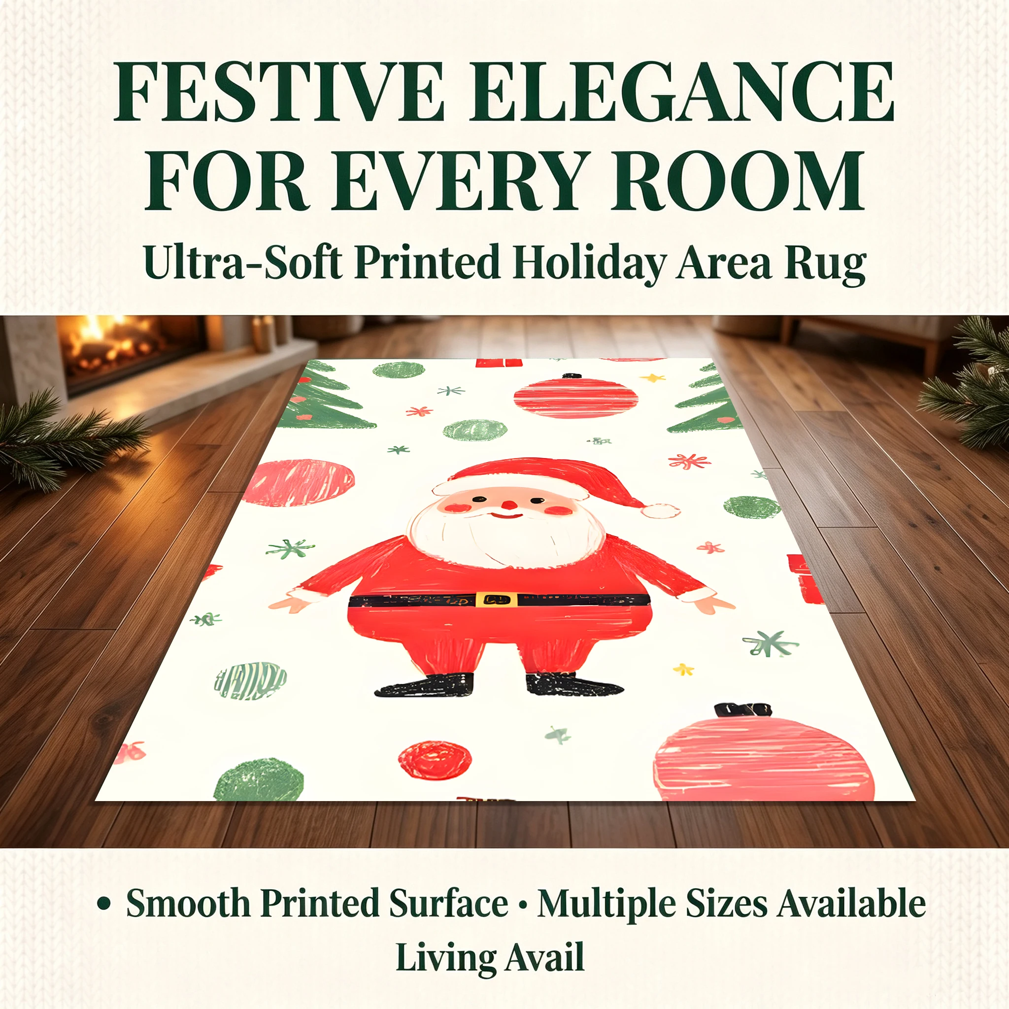 Velvet Rug Hand Painted Santa Claus Christmas Tree Colorful Ball Cute Playful for Entryway Bedroom Living Room Decor