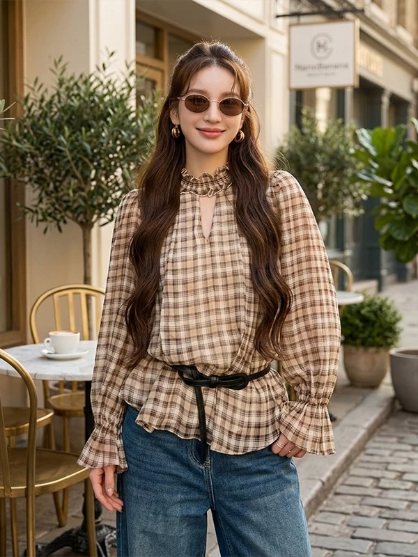 

Unique Beautiful Plaid irt Women's Loose Lantern Sve V-Ne Wood ain Spring Summer New Sle Slimming Top