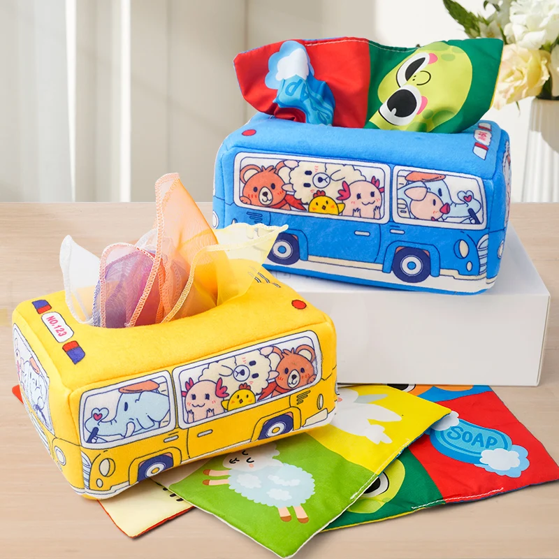 Serviette en papier à tirage pour bébé, boîte à mouchoirs, Puzzle pour bébé, éducation précoce, jouets en tissu Montessori pour enfants