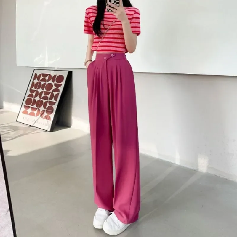 

Spring New Korean Loose Office Trousers Women High Waist White Straight Pants Pockets Double-button Classic Women's Pants Y2k