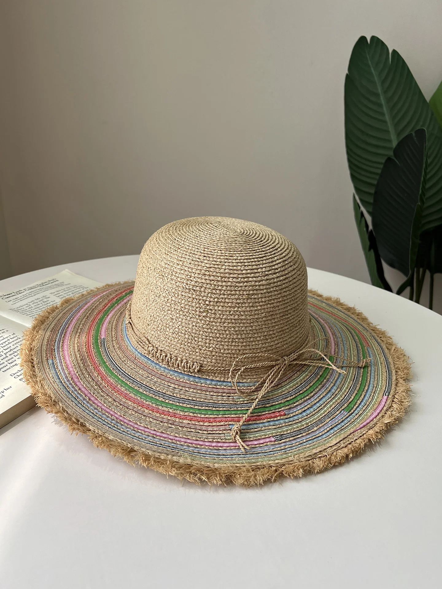 summer-wide-brim-sun-protection-straw-hat-beach-vacation-hat-color-stripe-fringed-women's-natural-raffia-cap-youth-round-top