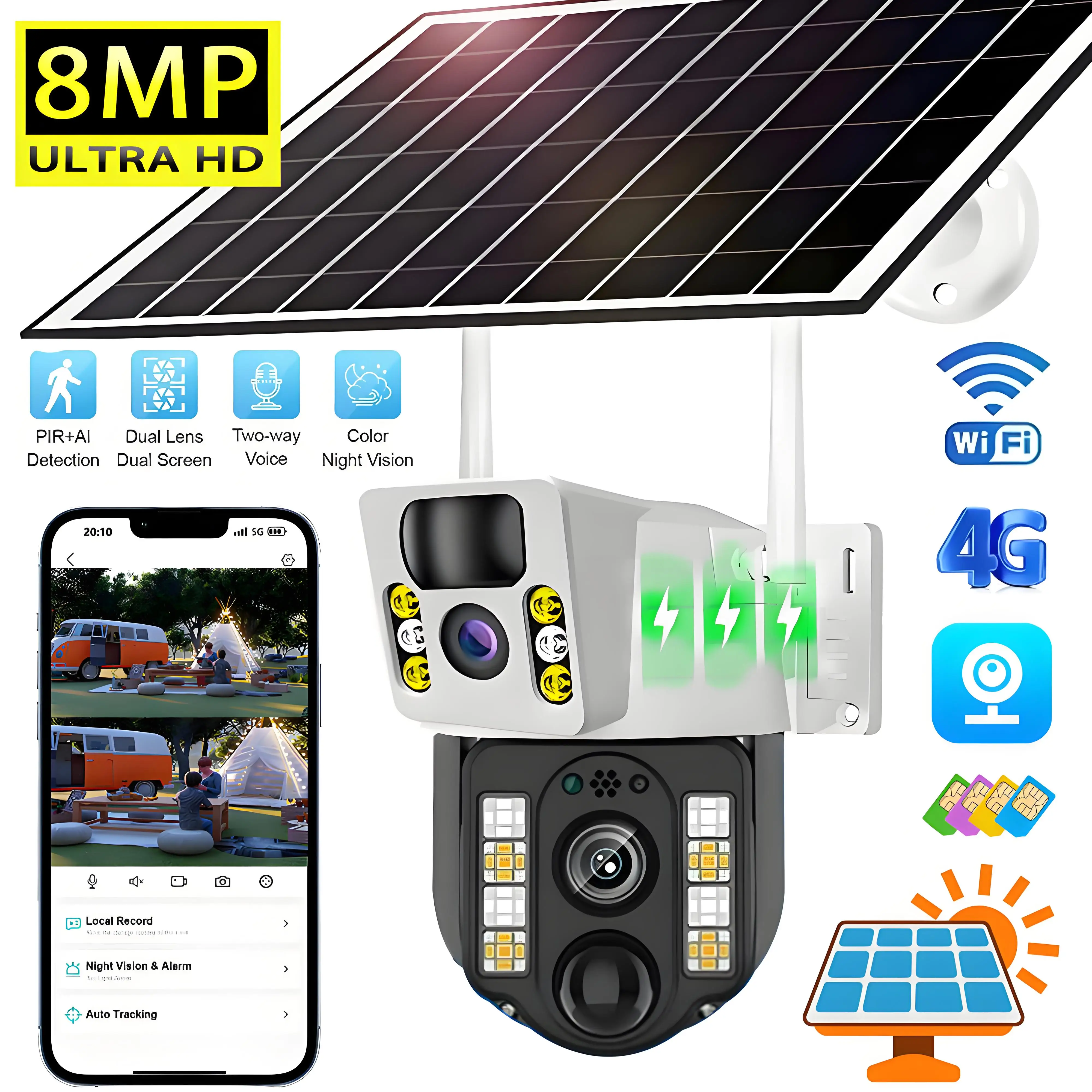 Câmera solar ao ar livre sem fio, lente dupla, IP, PIR, CCTV Security Protection Monitor, 360 Video, câmeras de vigilância WiFi, 4G, 8MP, 4K