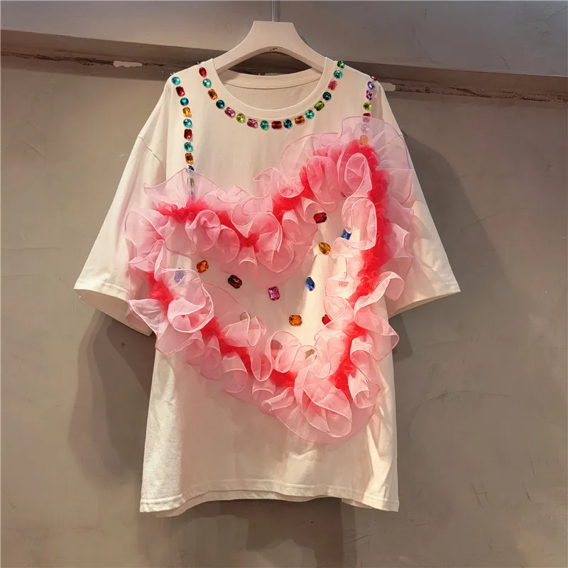 Fashion Heavy Industry Rhinestone Stitching Mesh Love Pattern Short-Sleeved Top Spring Summer Loose Cotton T-shirt for Women