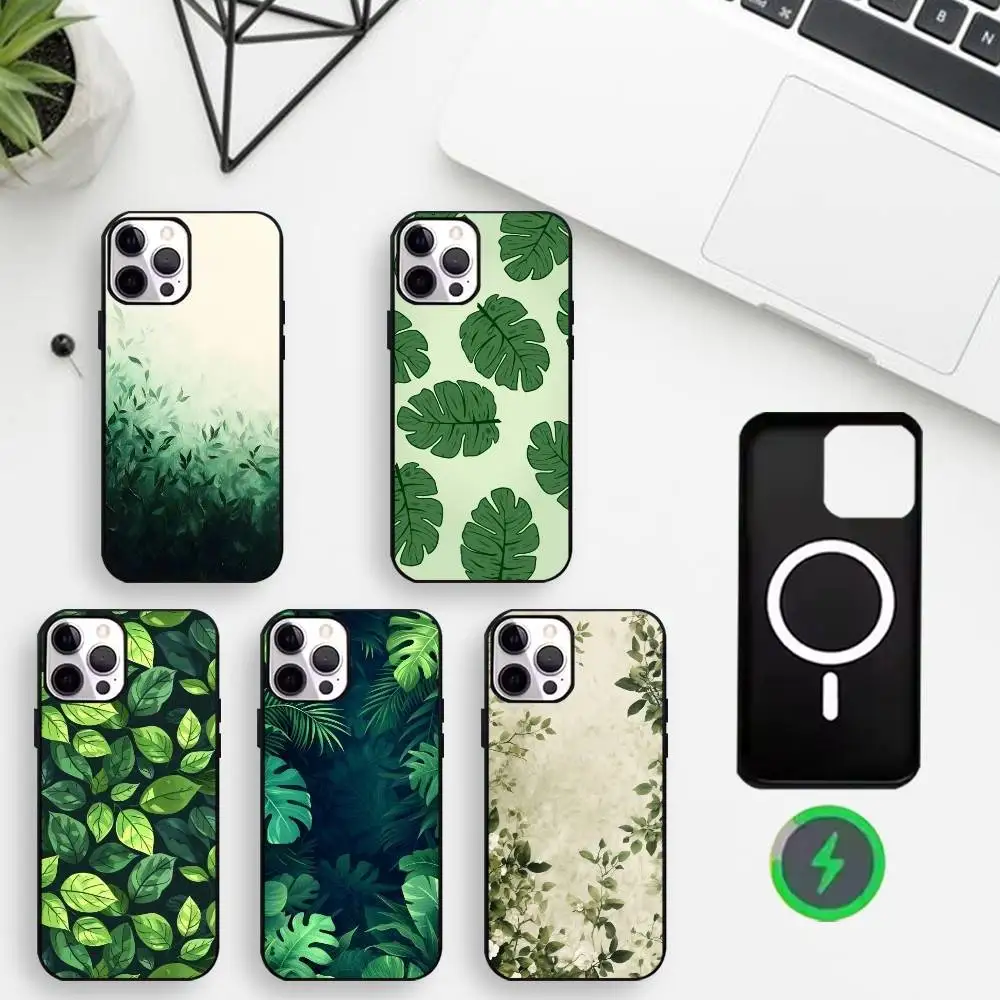 

Green Leaves Matte Phone Case For iPhone17,16,15,14,13,12,11 Max Black Wireless Charging Protecitve Cover