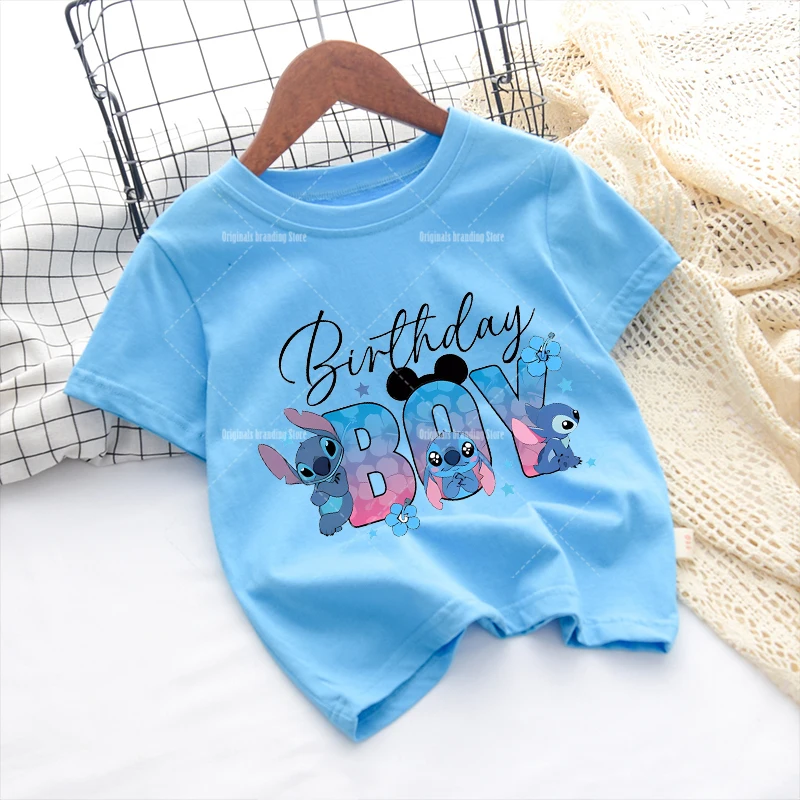 Lilo & Stitch Disney Kid Birthday Shirt Clothes Cartoon Boy Girl Party Short-sleeved Tops Baby Soft Tees Tshirt Kid Clothing