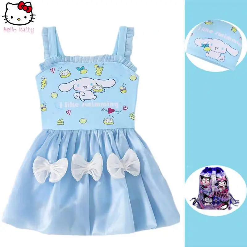 

Kawaii Kuromi детский купальник Sanrio Cinnamoroll, новинка лета для девочек, быстросохнущая дышащая юбка-бретелька с героями мультфильмов аниме, купальник