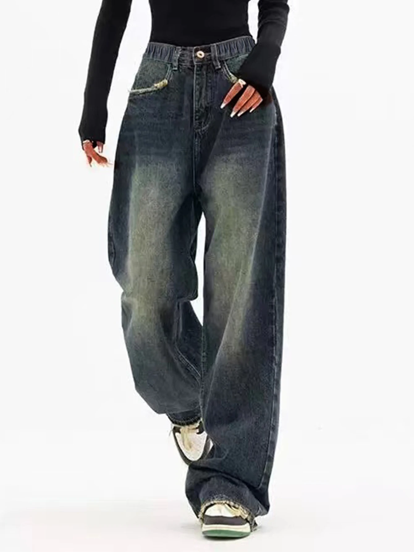 

Teenage girls' blue elastic-waist washed denim jeans - casual, versatile, slimming, fashionable str