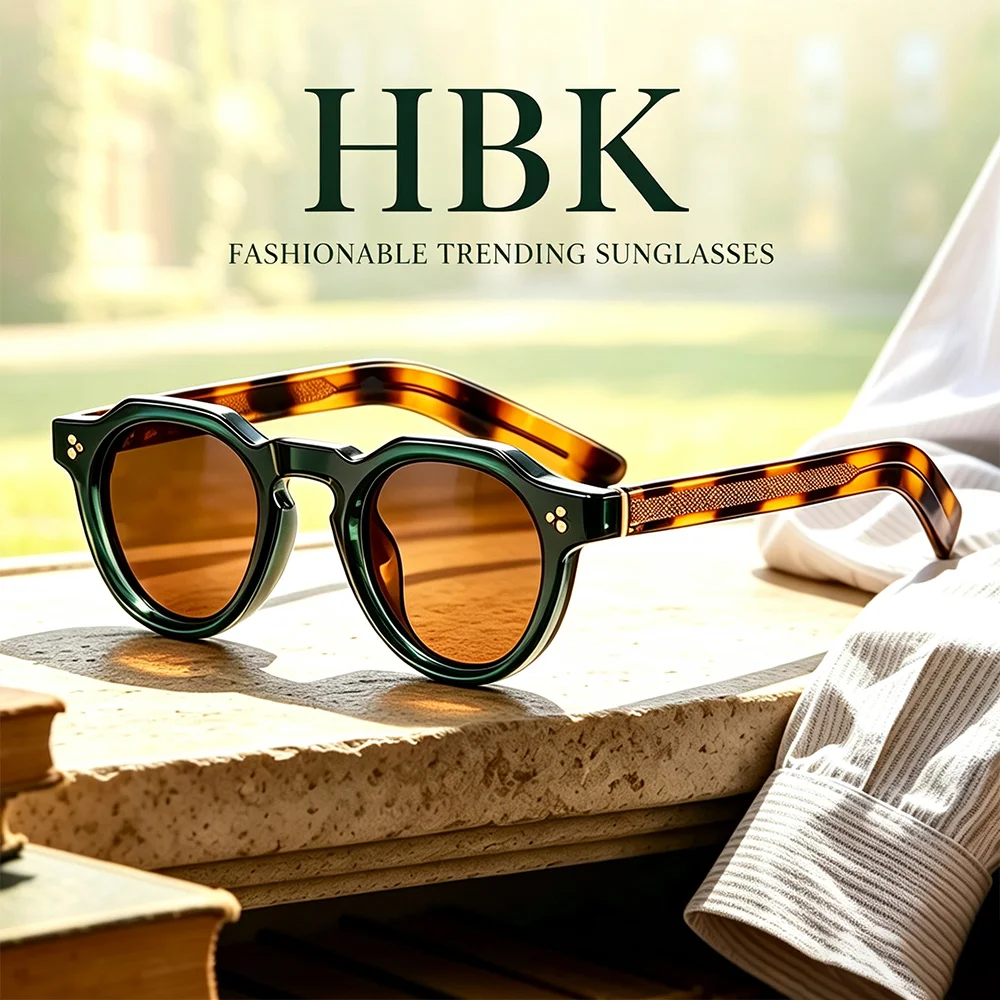 HBK Vintage Retro Round Men Sunglasses High-Quality Thick Style New Women Outdoor Travel Business Driving Decorative Glasses