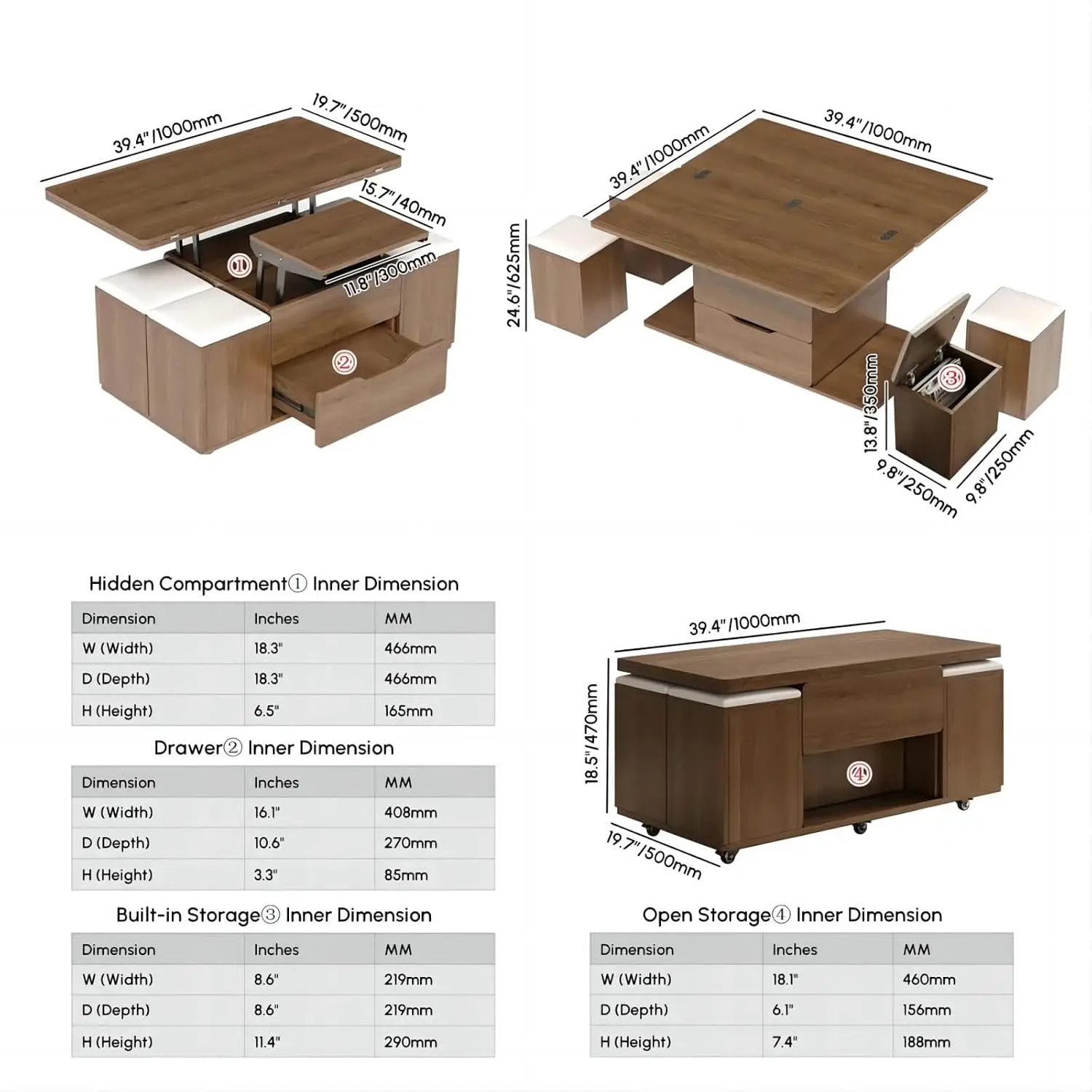 Lift-Top Coffee Table with Hidden Storage, 3-in-1 Modern Folding Center Table with 4 Stools, Casters, and Lockable, Customized