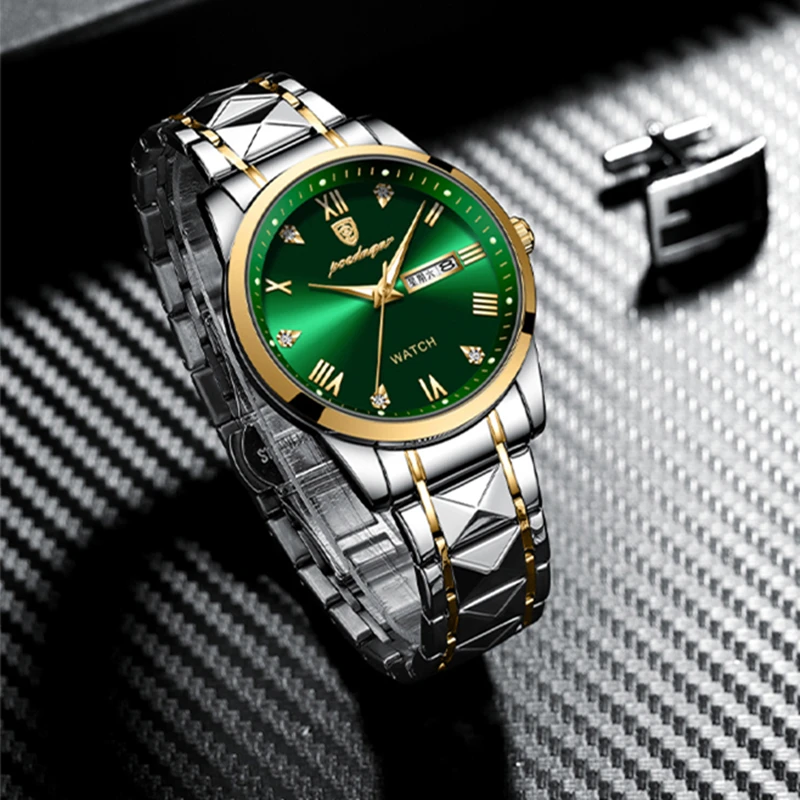 POEDAGAR Top Original Men Quartz Watch Green Waterproof Watch For Men's Stainless Steel Man Luxury Watch Luminous Wristwatch