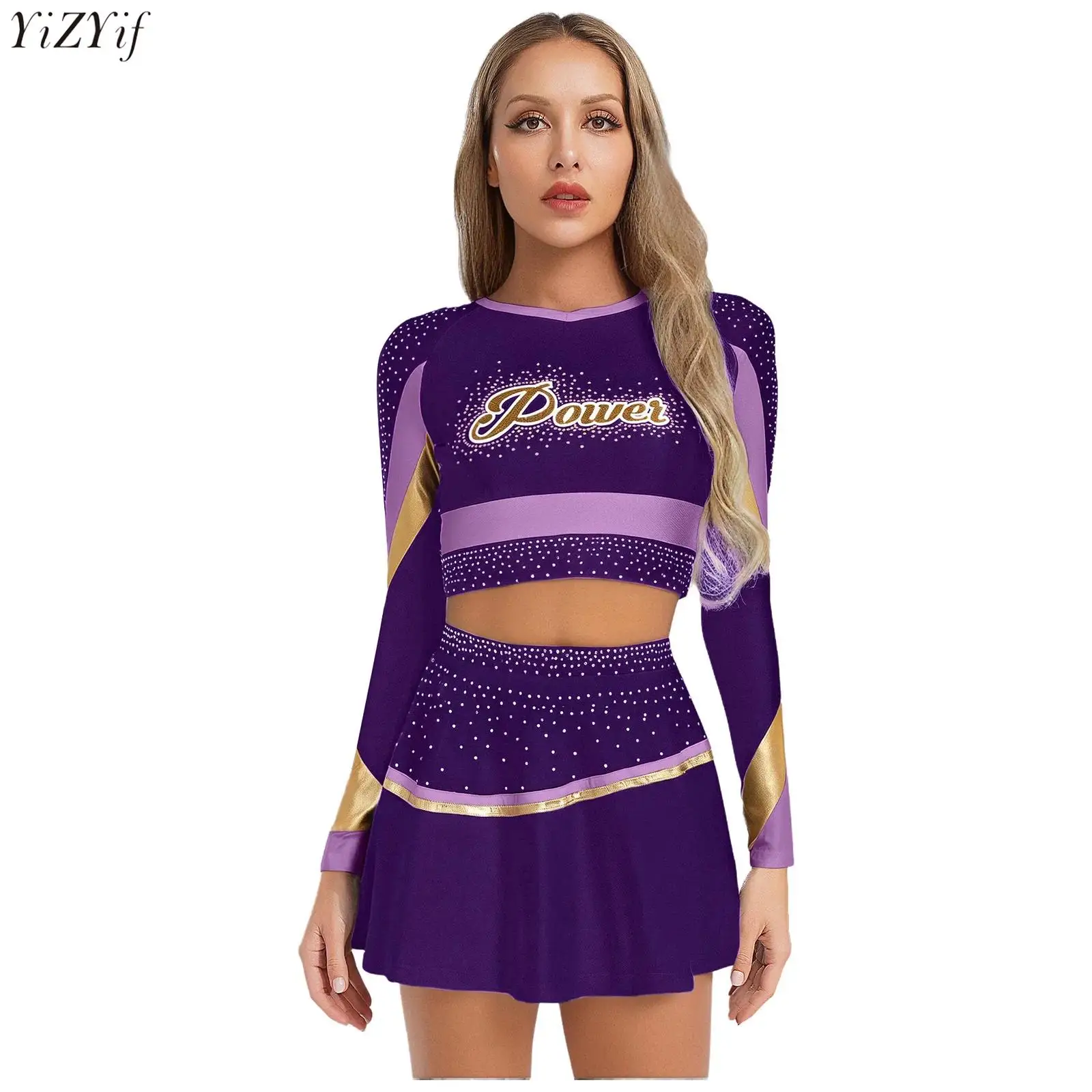 

Womens Cheerleading Uniform Dancewear Long Sleeve Shiny Rhinestones Crop Top+Mini Skirt with Safety Shorts 2-piece Cheer Outfit