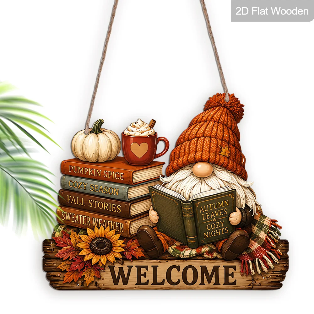 2D Flache Herbst-Zwerg-Willkommens-Holztafel Kürbis Buch Kaffee Herbst Bauernhaus Thanksgiving Haustür Wanddekoration – Detail 6