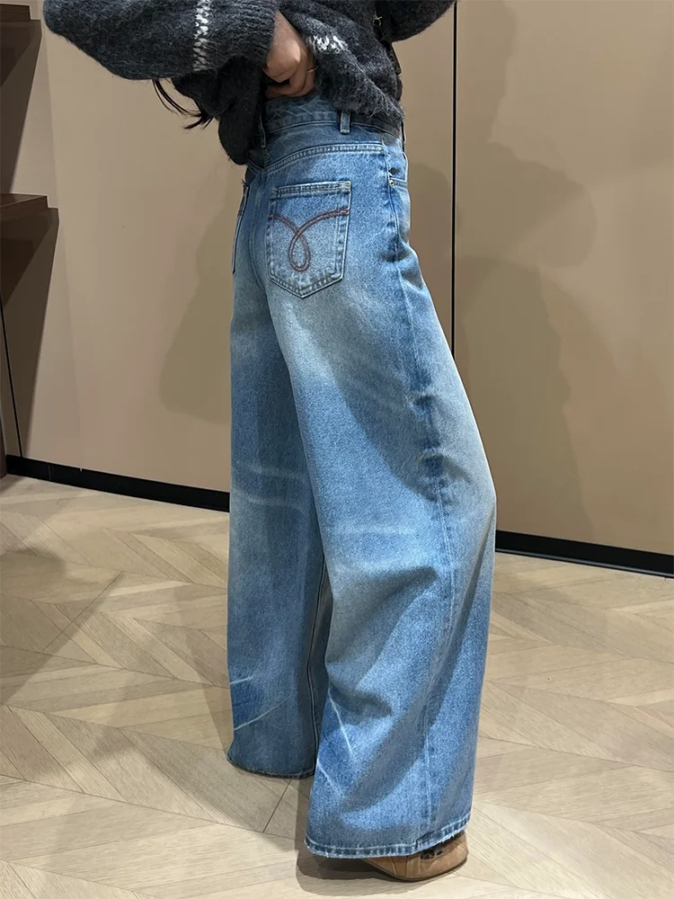High Waist Wide Leg Denim Jeans Women's Casual Washed Jeans Loose Drapey Versatile Autumn Wear for Ages 18-24
