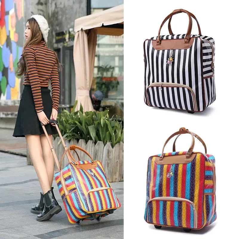 Bolso de fin de semana para mujer, Maleta rodante para equipaje, marca informal, estuche rodante a rayas, bolsa de viaje con ruedas, maleta de mano