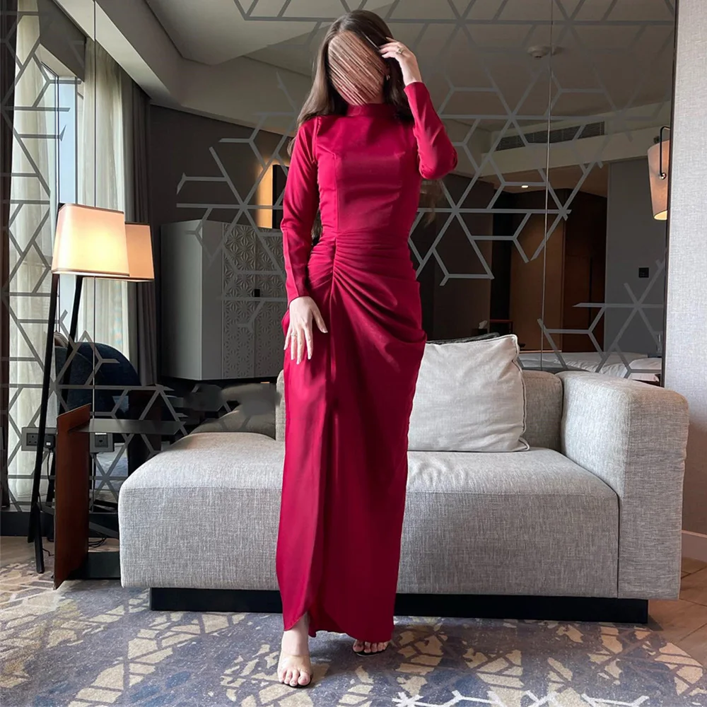 Customized Temperament Formal Party Dress Long Sleeve High Straight Slit Evening Dresses For Women Solid Color Pleat Prom Gown