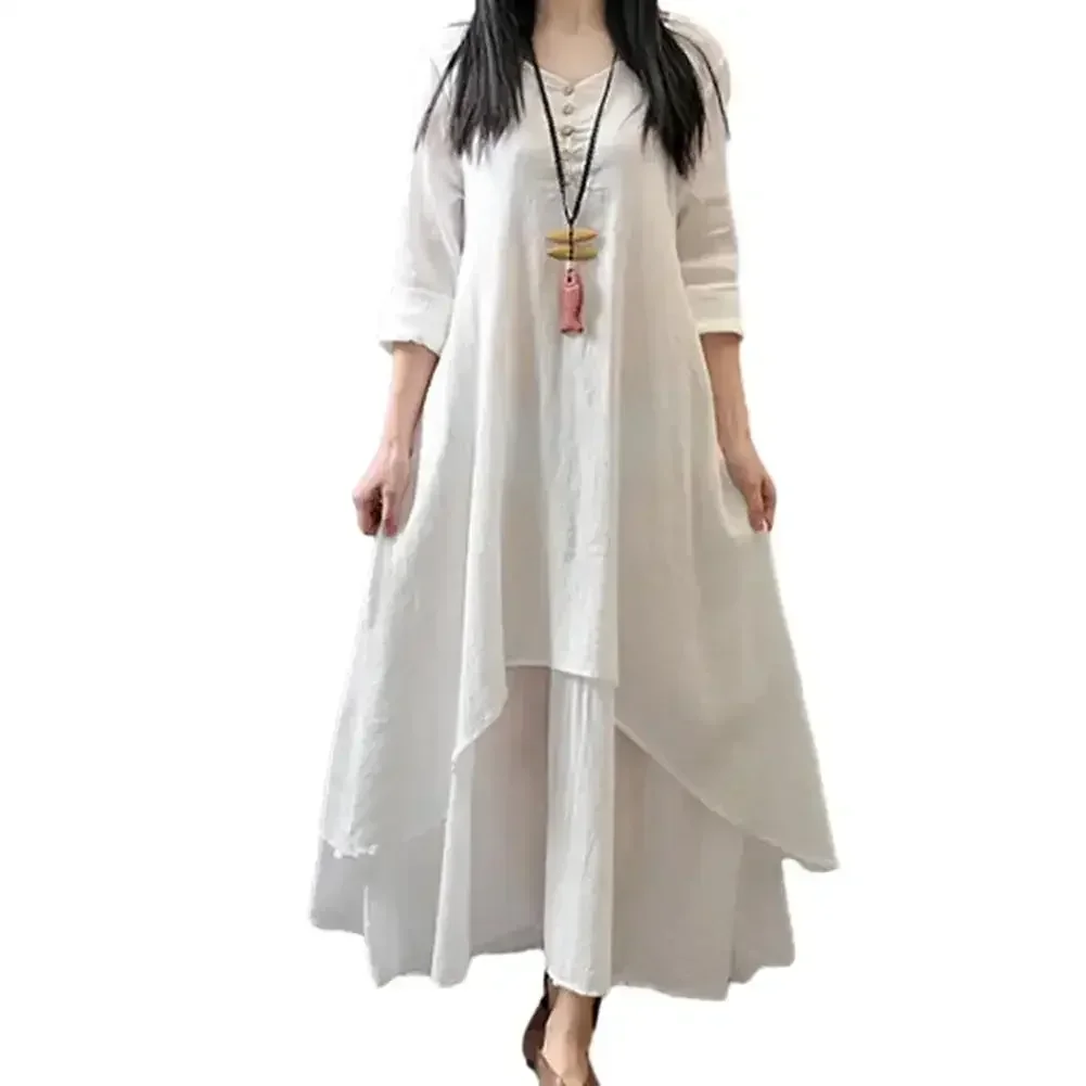 Women's Elegant Linen White Dress Bohemian Layered Vintage Robe Long Sleeved Loose Skirt Extra Large Women's Autumn Tank Top