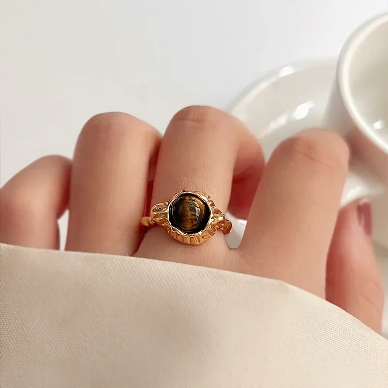 Aesthetic Bohemia Gold Color Alloy Inlaid Round Browns Natural Stone Opening Rings for Women Vintage Jewelry Gift Free Shipping