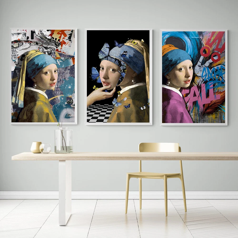 Abstract Art Funny Girl with Pearl Earrings Posters Graffiti Women Face Flower Canvas Painting Wall Art Pictures for Home Decor