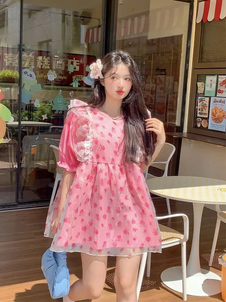 Korean Summer Sweet Materinty Mini Dress Mesh Petal Sleeve Patchwork Pregnant Woman Floral Dress Short Lady Ball Gown Dress Cute