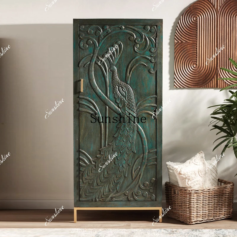 French retro small wardrobe peacock carved single-door wardrobe storage cabinet  FT
